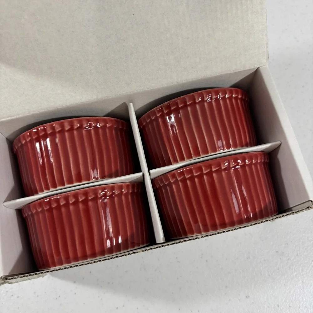 Apilco France Ramekins Soufflé Custard Cups Ribbed Red Porcelain Set of 4 Boxed